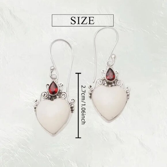 Heart-Shaped White & Red Gemstone Sterling Silver Dangle Earrings - Picture 2 of 2